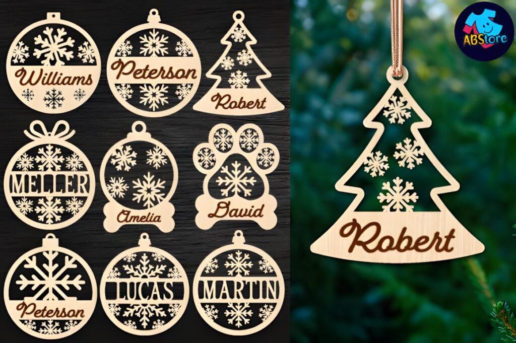54 Christmas Laser Cut Files for Festive Laser Projects 16 Christmas Laser Cut Files featuring personalized wooden ornaments with snowflake designs and names like Williams, Peterson