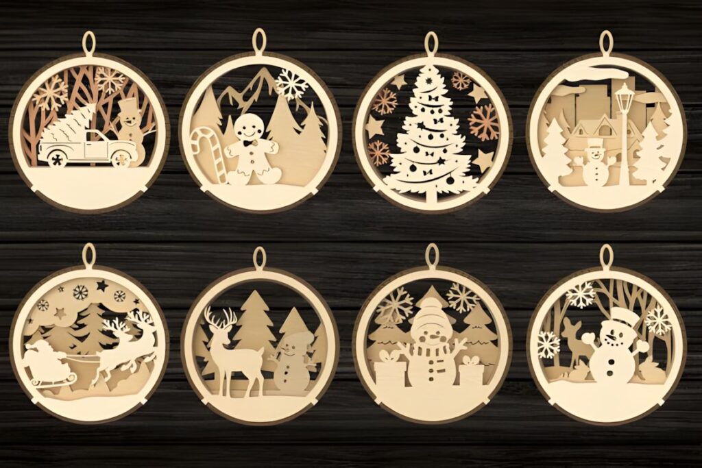 54 Christmas Laser Cut Files for Festive Laser Projects 18 Christmas Laser Cut Files showing eight wooden Christmas ornament designs with festive scenes