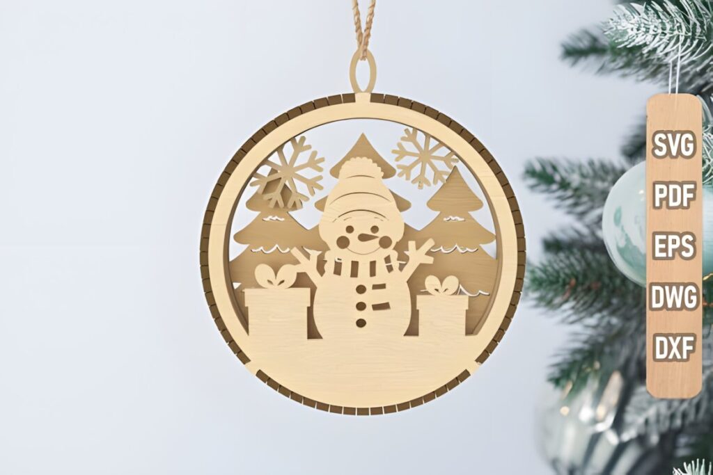 54 Christmas Laser Cut Files for Festive Laser Projects 19 Christmas laser cut files wooden ornament with snowman, trees, gifts, and snowflakes in 3mm thickness