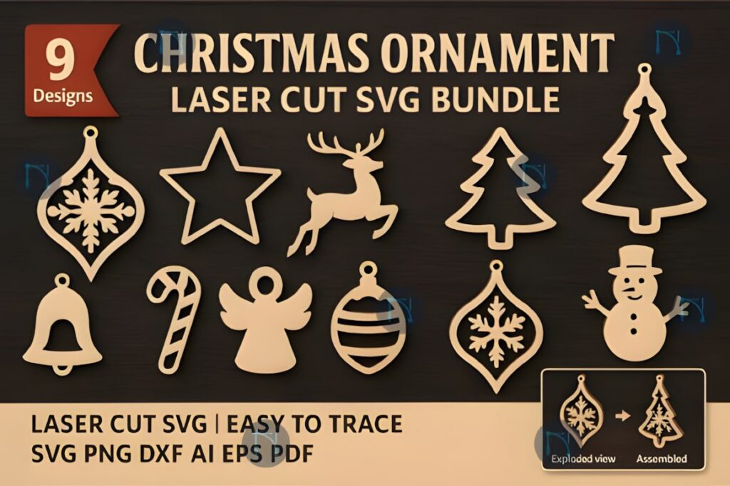 54 Christmas Laser Cut Files for Festive Laser Projects 15 Christmas Laser Cut Files showing nine single-layer ornament silhouettes including reindeer, star, trees, snowflake, bell