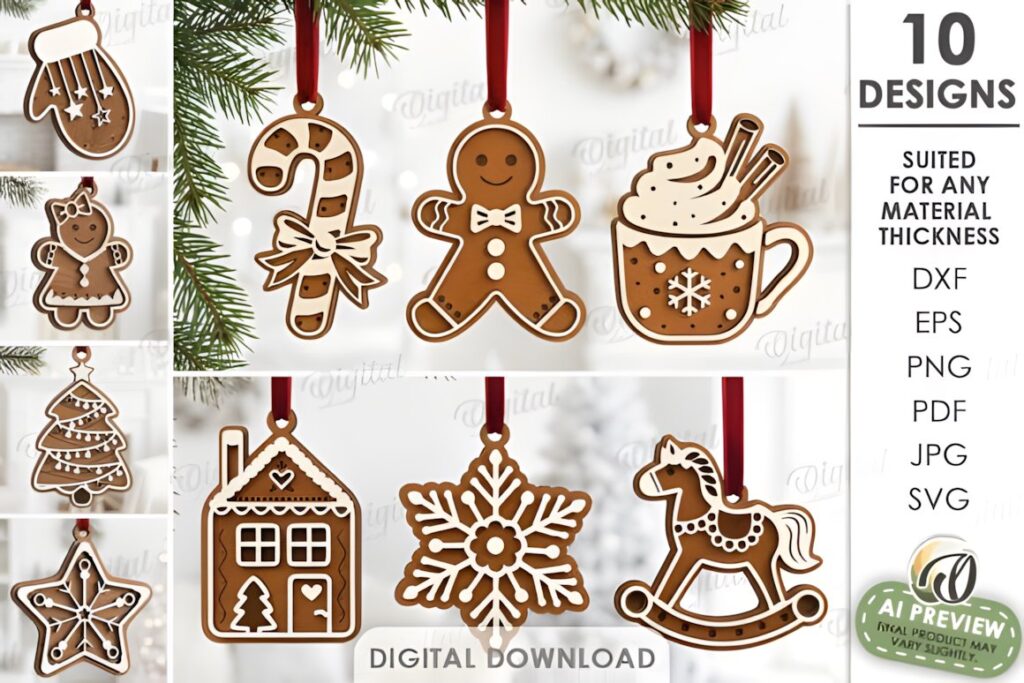 54 Christmas Laser Cut Files for Festive Laser Projects 12 Christmas Laser Cut Files featuring ten festive ornament designs including gingerbread, candy cane, snowflake, and rocking