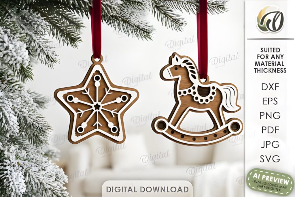54 Christmas Laser Cut Files for Festive Laser Projects 14 Christmas Laser Cut Files showing star and rocking horse ornaments hanging from red ribbons on a snowy pine branch