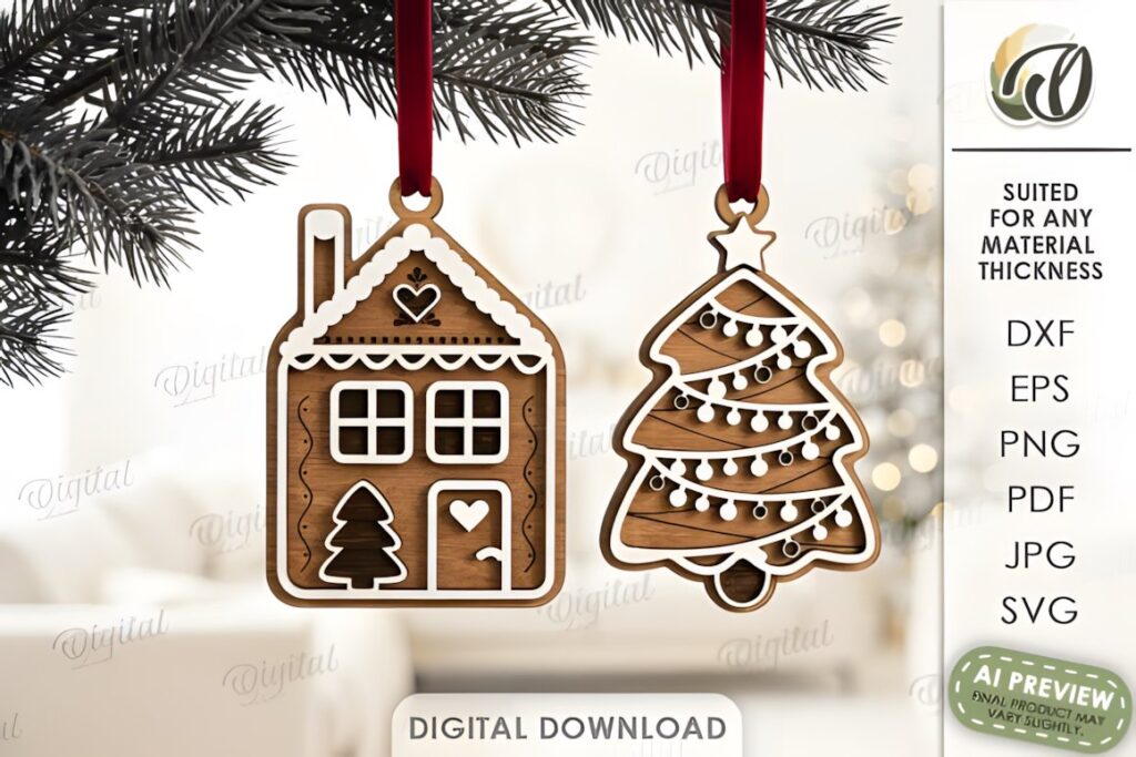 54 Christmas Laser Cut Files for Festive Laser Projects 13 Christmas Laser Cut Files showing wooden house and tree ornaments with festive decorations hanging from red ribbons