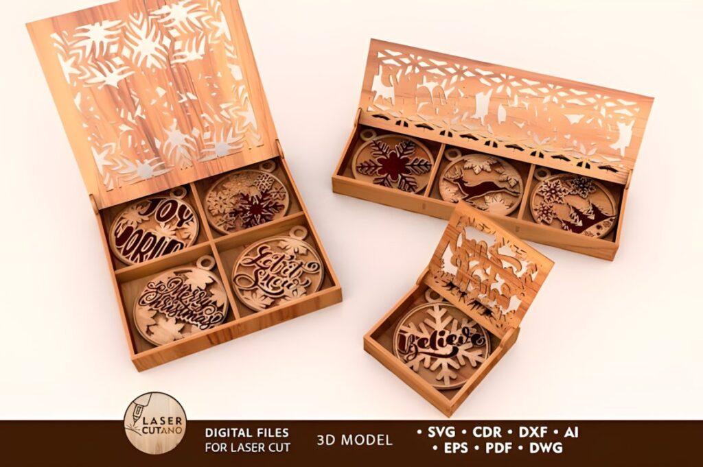 54 Christmas Laser Cut Files for Festive Laser Projects 3 Christmas Laser Cut Files showing multilayer wooden Christmas ornaments with decorative boxes for laser and CNC cutting