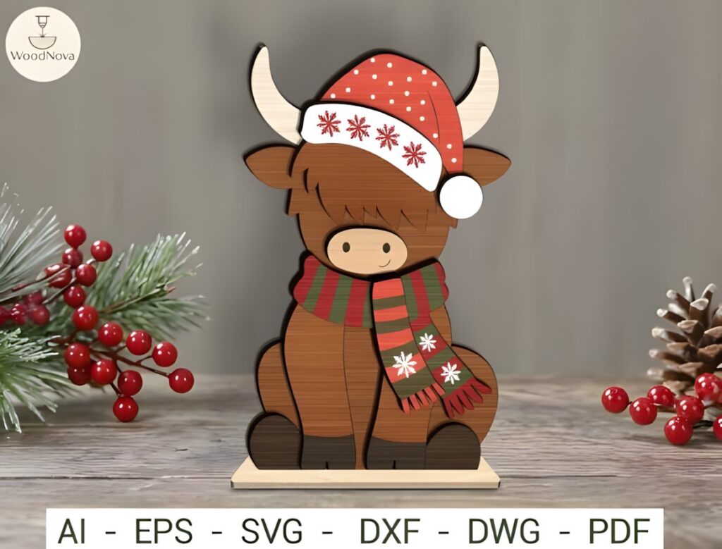 54 Christmas Laser Cut Files for Festive Laser Projects 62 Christmas Reindeer Laser Cut File with Santa hat and striped scarf in layered wood style — Christmas Laser Cut Files