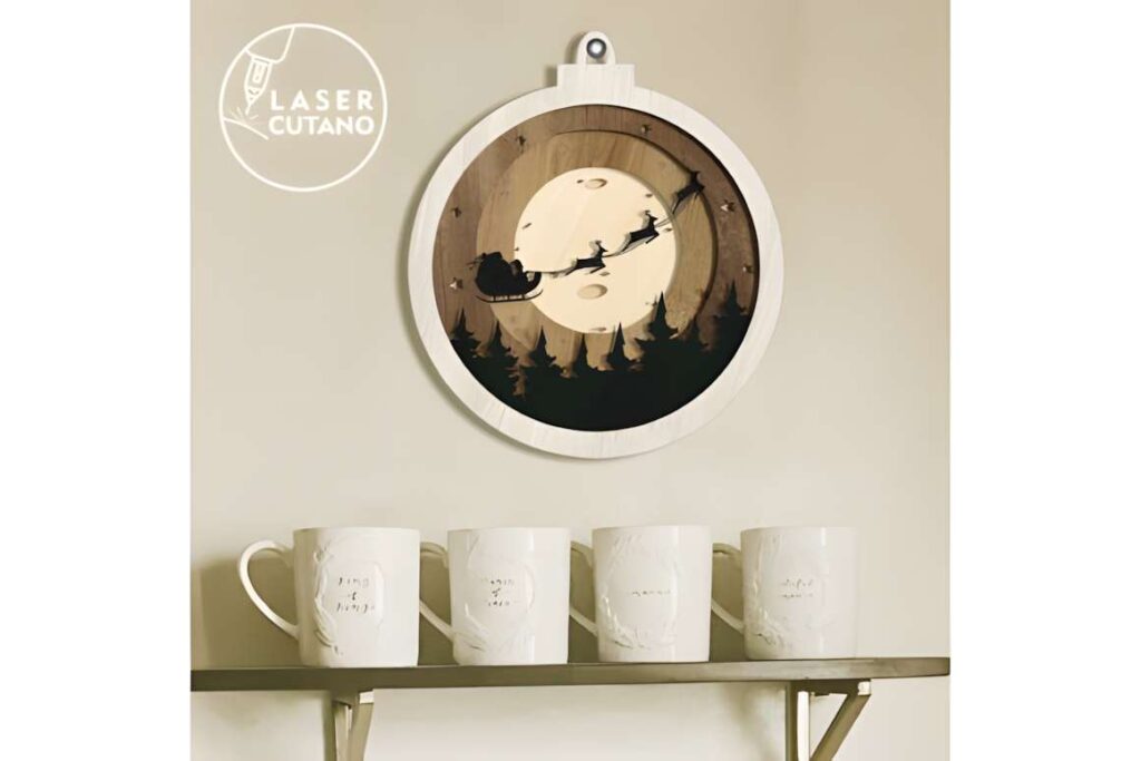 Christmas Shadow Box Laser Cut File Poster 4 3D laser cut files Christmas shadow box with Santa and reindeer silhouette in layered circular frame