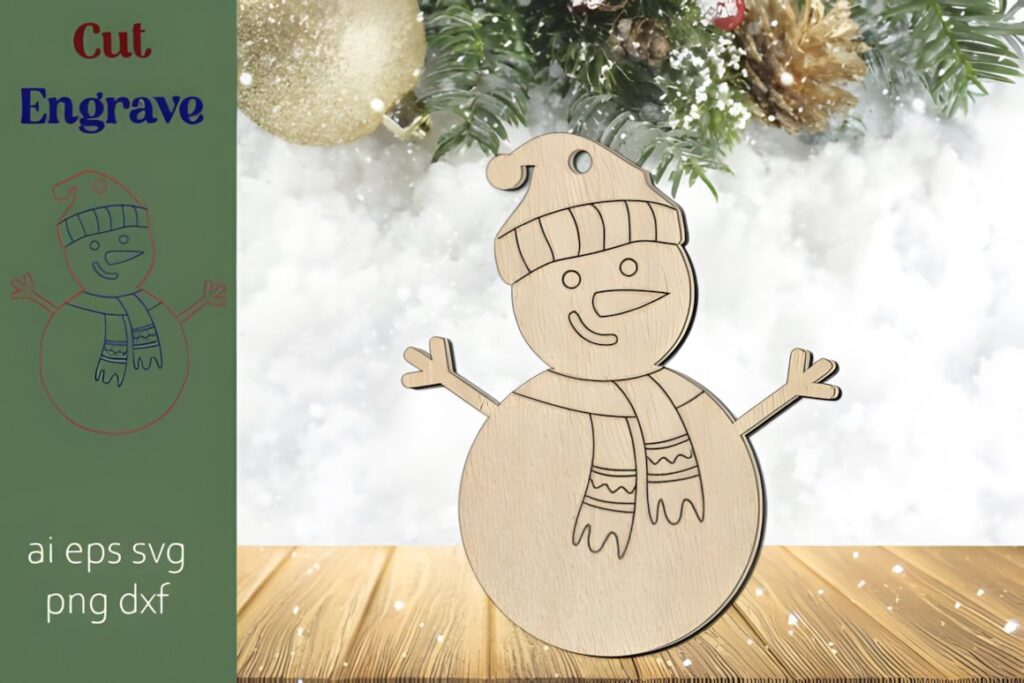54 Christmas Laser Cut Files for Festive Laser Projects 70 Christmas Laser Cut Files snowman with engraved details on wooden surface and festive background