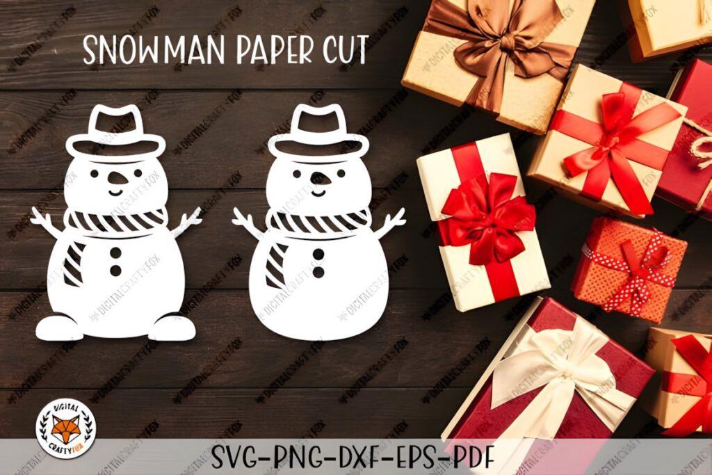 54 Christmas Laser Cut Files for Festive Laser Projects 69 Christmas Laser Cut Files showing two snowman paper cut designs with hats and scarves next to wrapped gift boxes