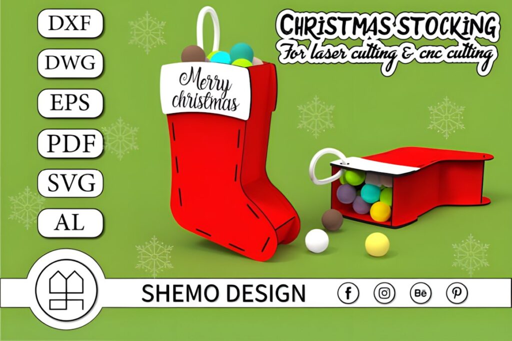 54 Christmas Laser Cut Files for Festive Laser Projects 75 Christmas Laser Cut Files showing a red Christmas stocking filled with colorful balls and a tag saying Merry Christmas