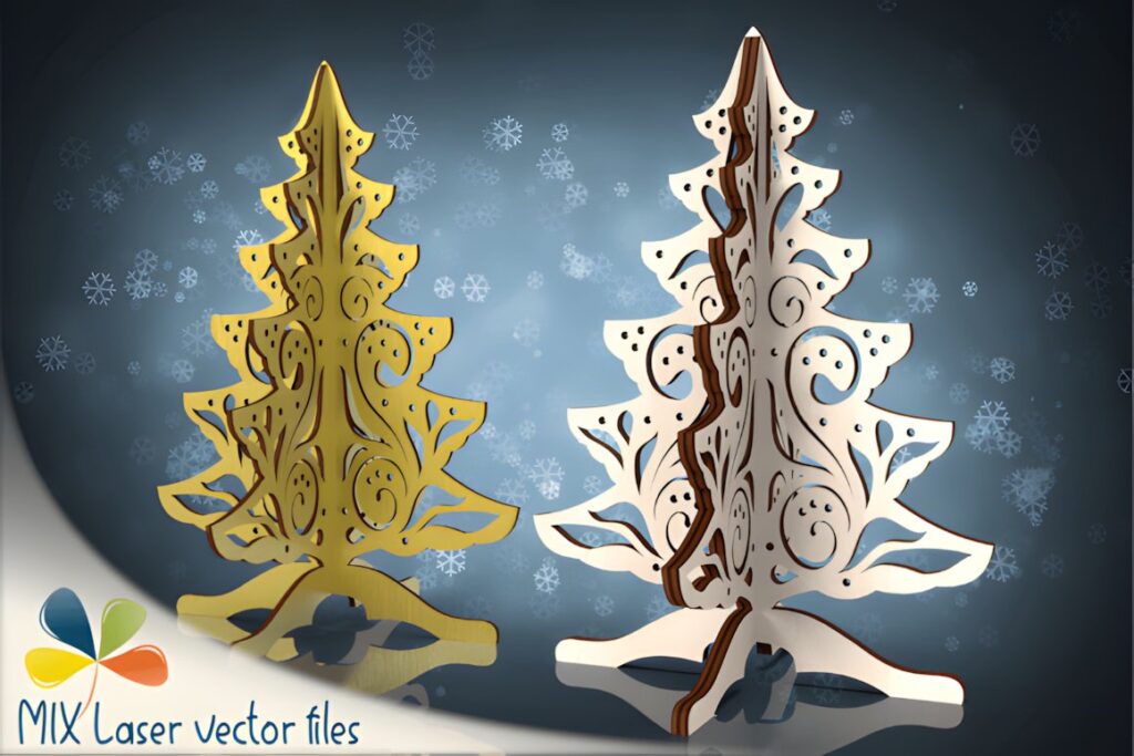54 Christmas Laser Cut Files for Festive Laser Projects 40 Christmas Laser Cut Files showing two freestanding decorative Christmas trees with intricate slot-fit designs