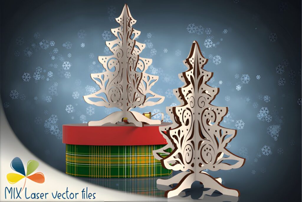 54 Christmas Laser Cut Files for Festive Laser Projects 41 Christmas Laser Cut Files showing two freestanding laser-cut Christmas tree designs with intricate patterns on a blue