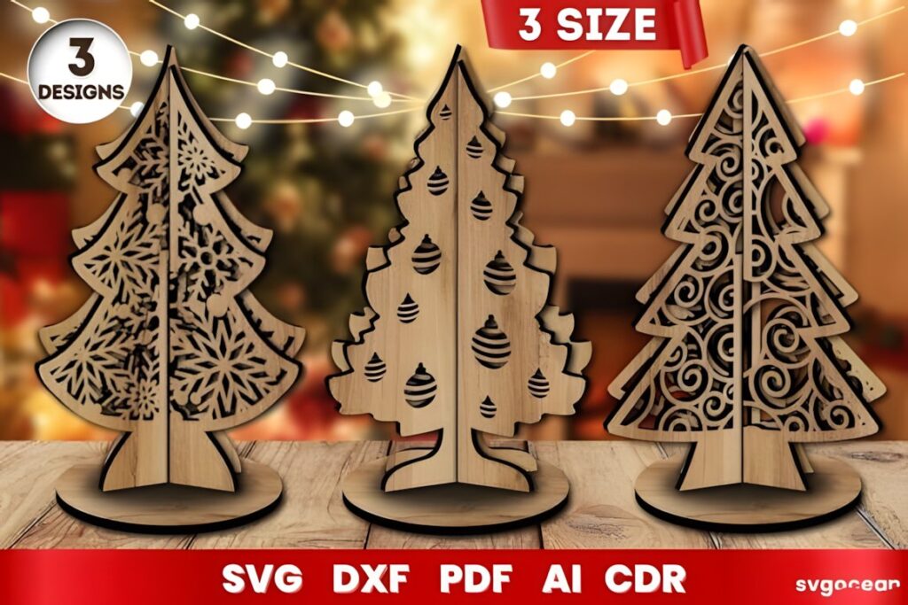 54 Christmas Laser Cut Files for Festive Laser Projects 47 Christmas Laser Cut Files showing three wooden Christmas tree designs in different sizes with decorative cutouts