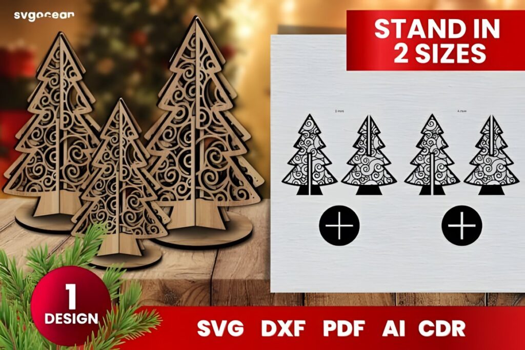 54 Christmas Laser Cut Files for Festive Laser Projects 48 Christmas Laser Cut Files showing three decorative laser-cut tree designs in plywood with intricate patterns