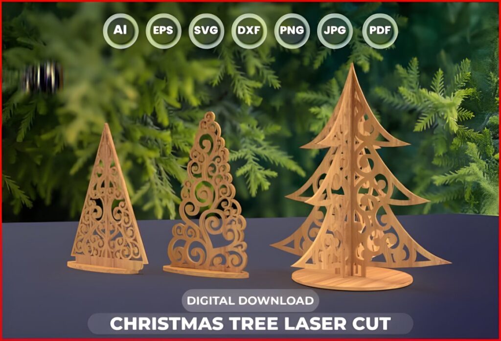 54 Christmas Laser Cut Files for Festive Laser Projects 49 Christmas Laser Cut Files showing three wooden Christmas tree designs in various intricate laser-cut styles with file format