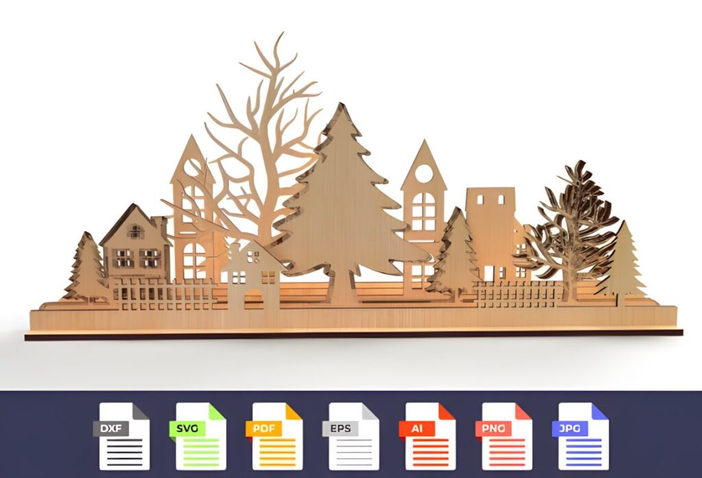 54 Christmas Laser Cut Files for Festive Laser Projects 29 Christmas Laser Cut Files showing a wooden winter village display with houses and trees in silhouette