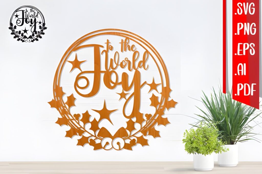 54 Christmas Laser Cut Files for Festive Laser Projects 74 Christmas Laser Cut Files featuring a circular wreath design with the words 'the World Joy' and star decorations