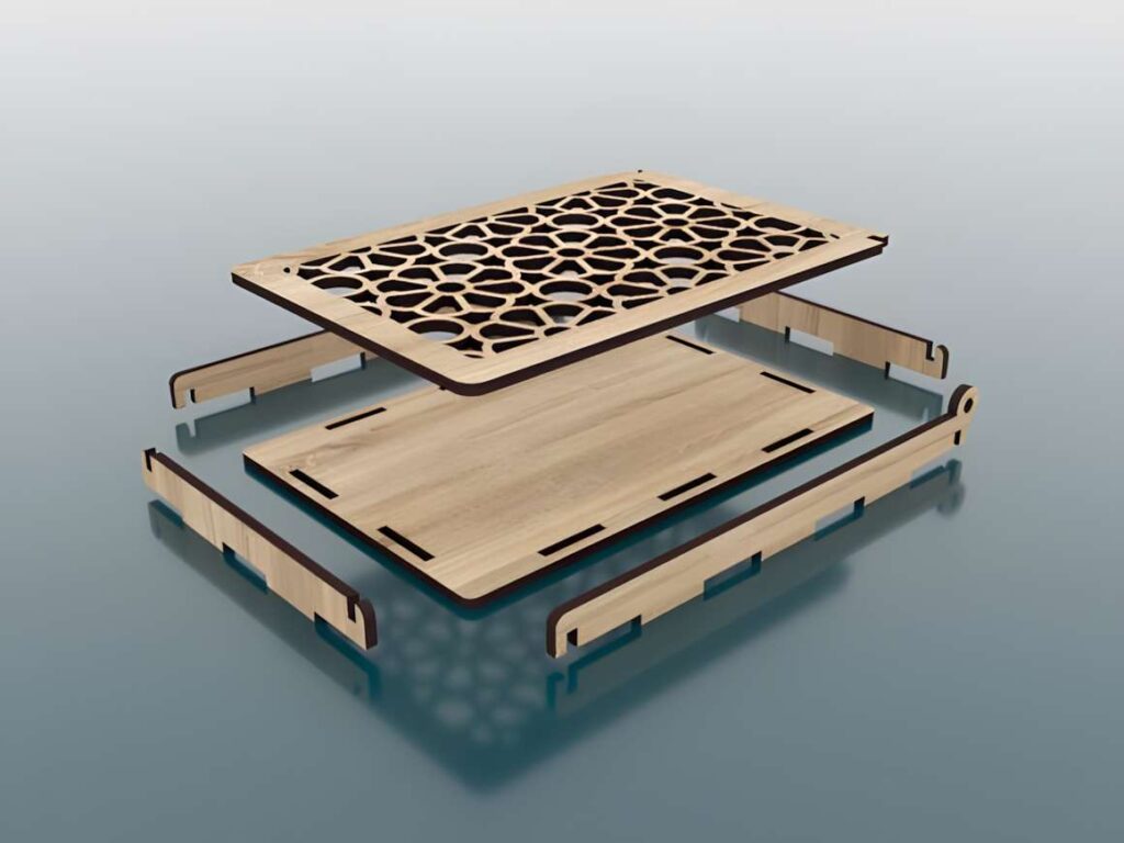 Decorative Gift Box Laser Cut Svg Files Poster 3 3D laser cut files showing exploded view of a decorative gift box with intricate lid pattern and wooden components