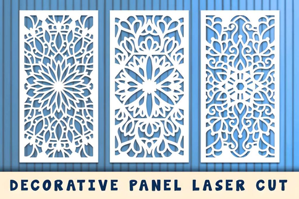 39 Outdoor Laser Cut Panels for Modern Outdoor Spaces 24 Three white outdoor laser cut panels with intricate geometric floral designs mounted on a blue wall