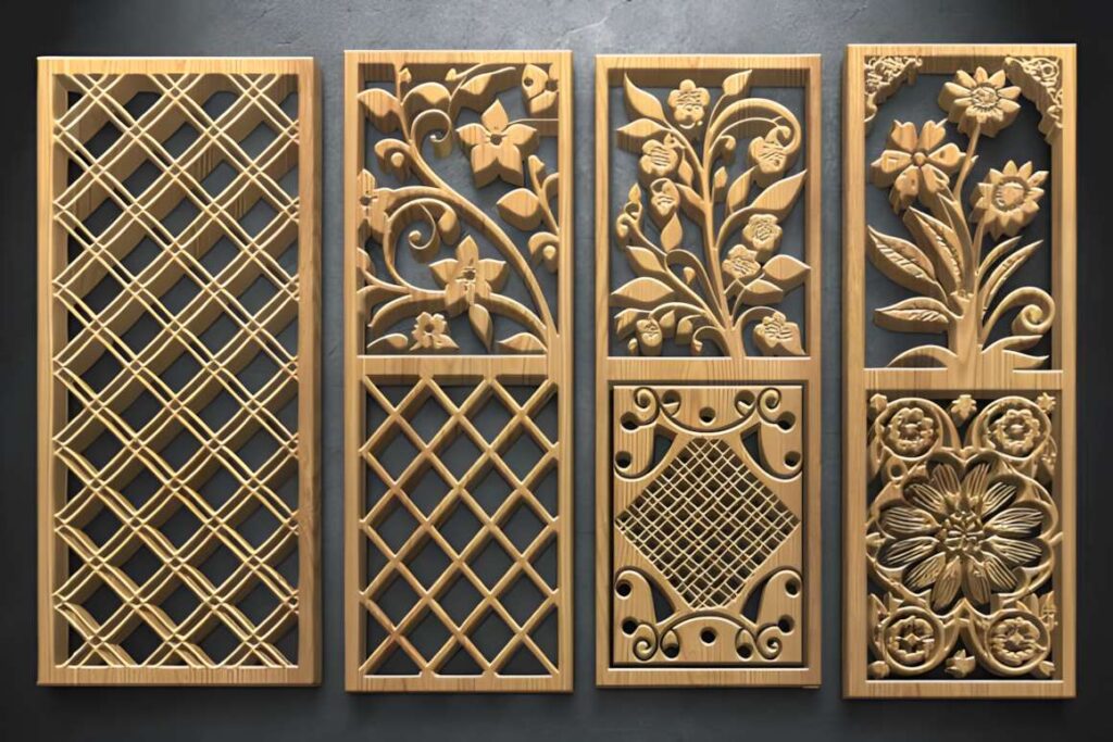 39 Outdoor Laser Cut Panels for Modern Outdoor Spaces 32 Four outdoor laser cut panels with floral, lattice, and ornamental patterns in wood finish