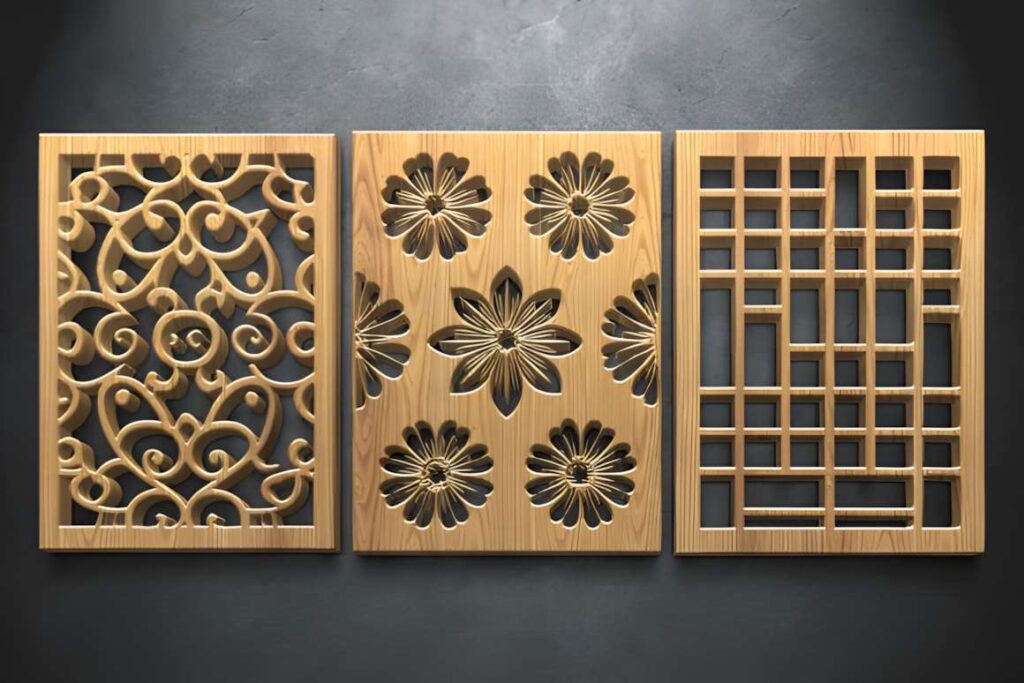 39 Outdoor Laser Cut Panels for Modern Outdoor Spaces 33 Three outdoor laser cut panels with floral, lattice, and geometric patterns displayed against a gray background