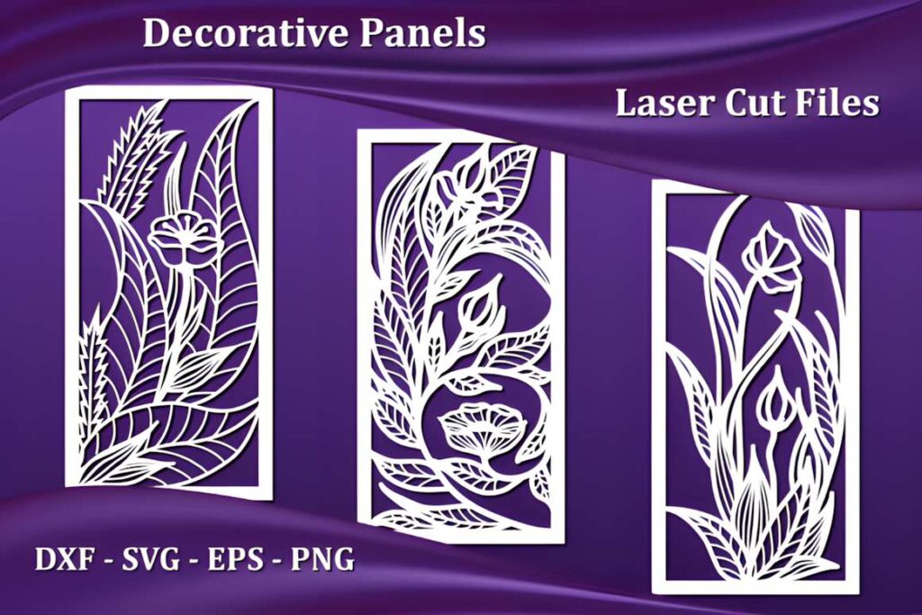 39 Outdoor Laser Cut Panels for Modern Outdoor Spaces 2 Three decorative outdoor laser cut panels with floral and organic designs on a purple background