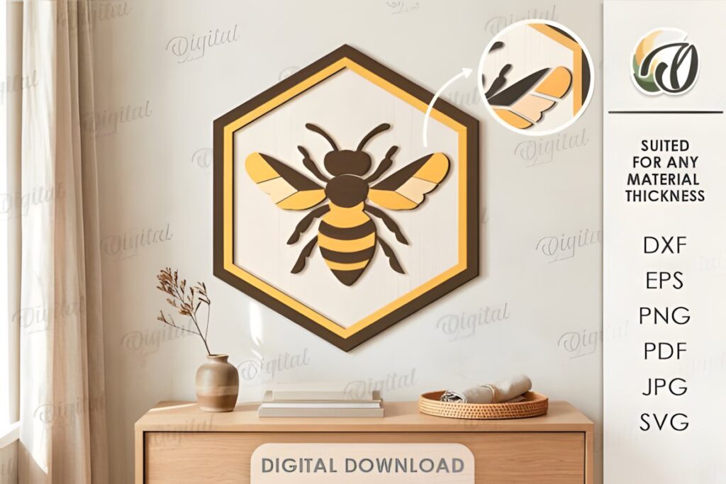 47 Laser Cut Wall Art Ideas for Stylish Home Interiors 40 Hexagonal laser cut wall art featuring a bee design in black and yellow mounted above a wooden — laser cut wall art ideas
