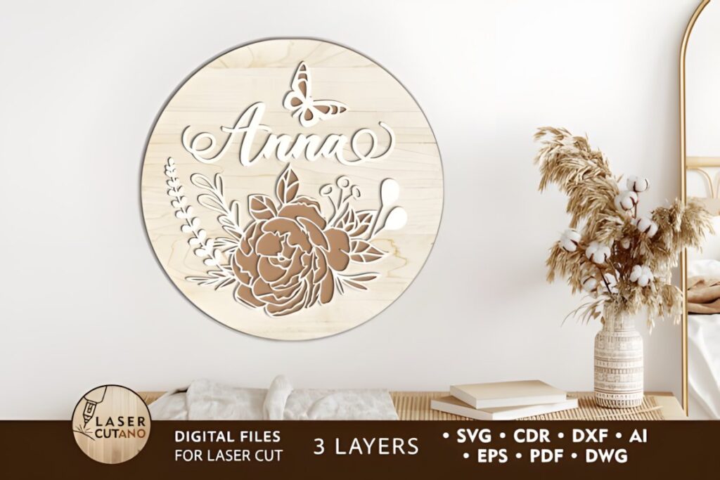 29 Laser Cut Metal Wall Art Ideas for Modern Home Decor 3 Laser cut metal wall art ideas featuring a three-layer floral and name design in a round panel