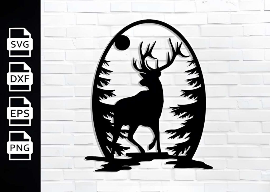 50 Laser Cut Steel Wall Art Ideas for Modern Home Decor 34 Laser cut steel wall art ideas featuring a deer silhouette with pine trees and moon in an oval frame