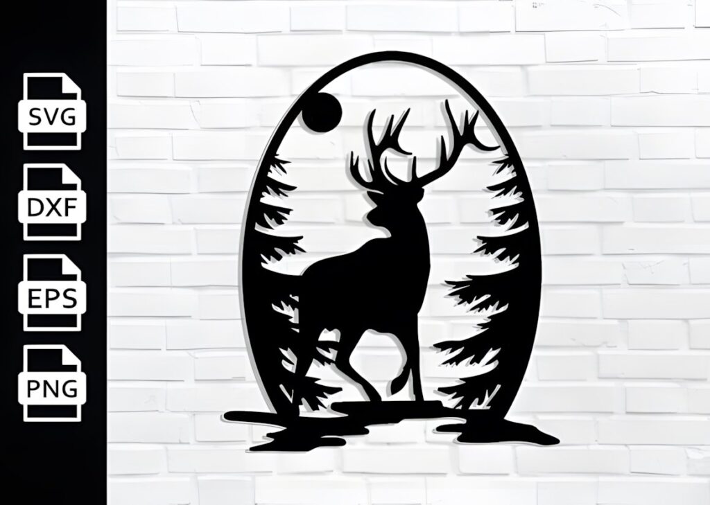 29 Laser Cut Metal Wall Art Ideas for Modern Home Decor 30 laser cut metal wall art ideas featuring a deer silhouette surrounded by pine trees in an oval frame