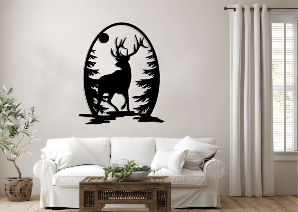 50 Laser Cut Steel Wall Art Ideas for Modern Home Decor 35 Laser cut steel wall art ideas featuring a deer silhouette within an oval frame with trees and moon above a white sofa