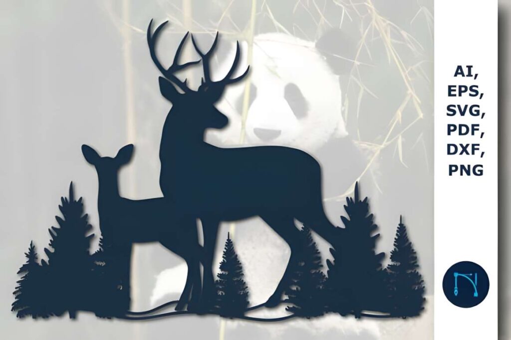 50 Laser Cut Steel Wall Art Ideas for Modern Home Decor 36 Laser cut steel wall art ideas featuring a deer and a doe silhouette with pine trees in front of a panda background