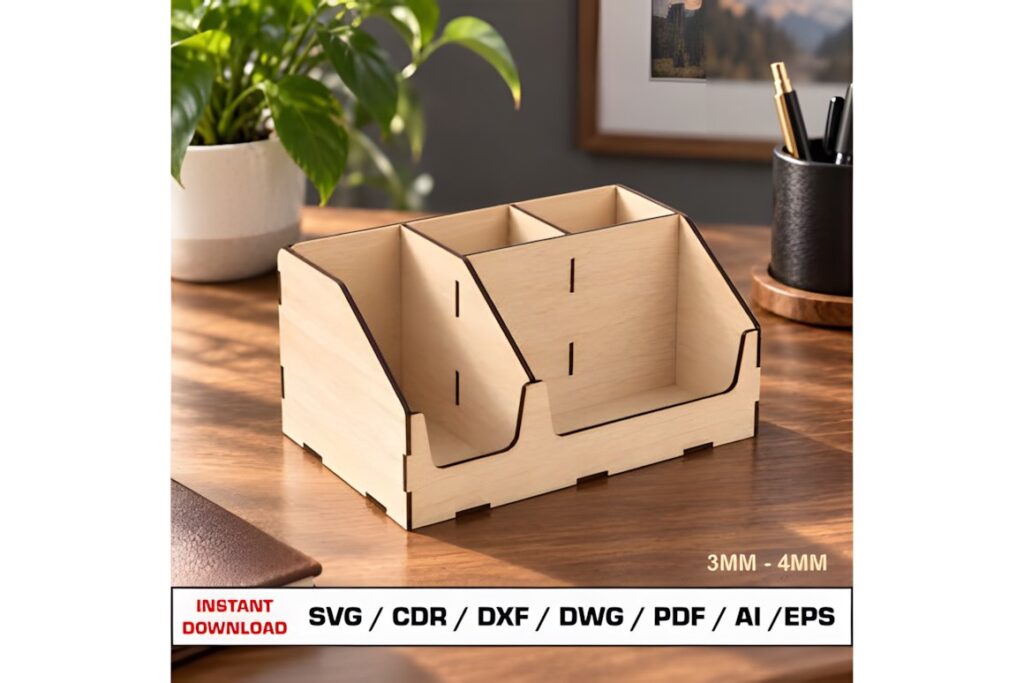 17 Laser Cut Desk Organizer Templates for DIY Laser Projects 33 Laser cut desk organizer templates made from light wood, designed for 3-4 mm material thickness, with multiple compartments