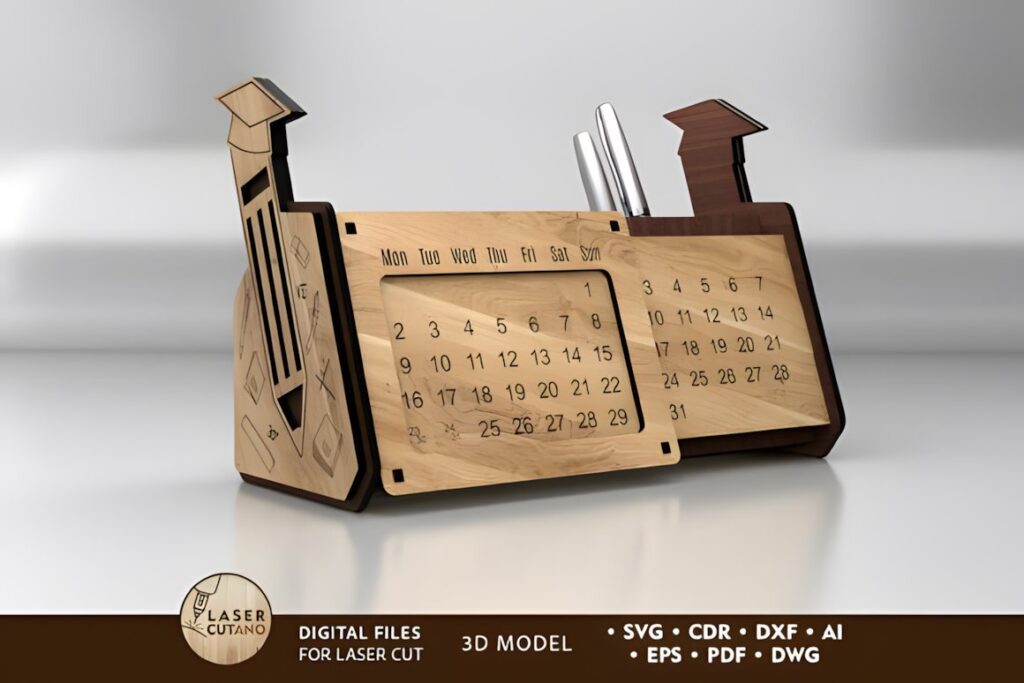 17 Laser Cut Desk Organizer Templates for DIY Laser Projects 22 Laser cut desk organizer templates featuring a pencil holder with integrated perpetual calendar in wood