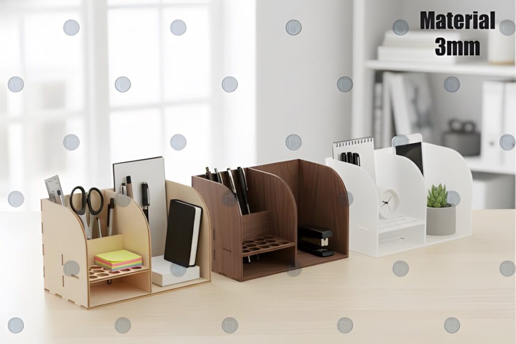 17 Laser Cut Desk Organizer Templates for DIY Laser Projects 37 Laser cut desk organizer templates in wood and white finishes holding pens, notepads, and small items on a desk