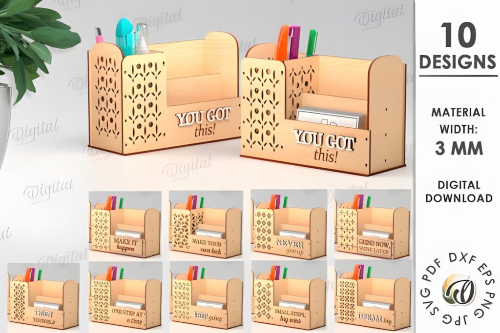 17 Laser Cut Desk Organizer Templates for DIY Laser Projects 10 Laser cut desk organizer templates showing 10 designs made from 3 mm material for desktop storage