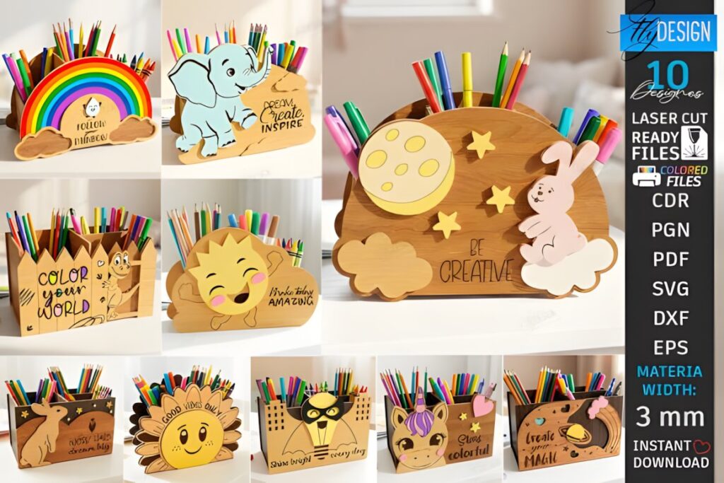 17 Laser Cut Desk Organizer Templates for DIY Laser Projects 15 laser cut desk organizer templates with playful animal and rainbow designs holding colored pencils