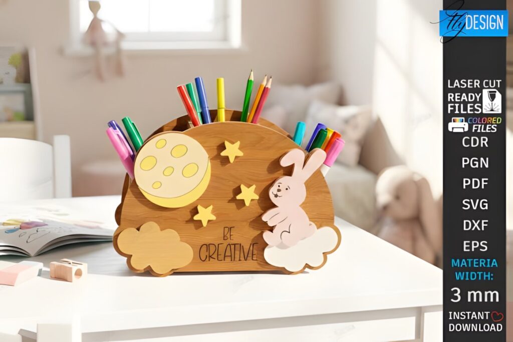17 Laser Cut Desk Organizer Templates for DIY Laser Projects 19 Laser cut desk organizer templates featuring a playful design with a moon, stars, and bunny holding colored pencils