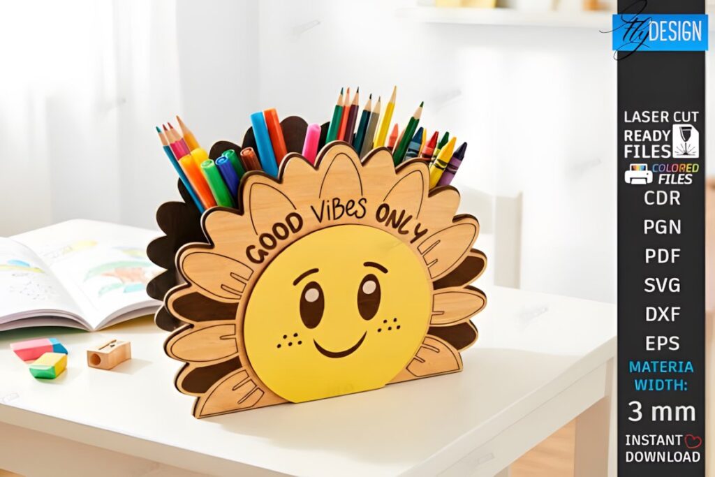 17 Laser Cut Desk Organizer Templates for DIY Laser Projects 17 Laser cut desk organizer templates shaped like a smiling sunflower holding colored pencils on a white desk