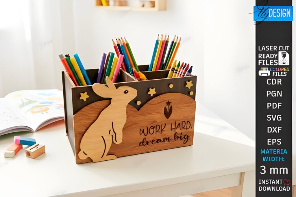 17 Laser Cut Desk Organizer Templates for DIY Laser Projects 18 Laser cut desk organizer templates featuring a wooden pencil holder with a rabbit and stars design