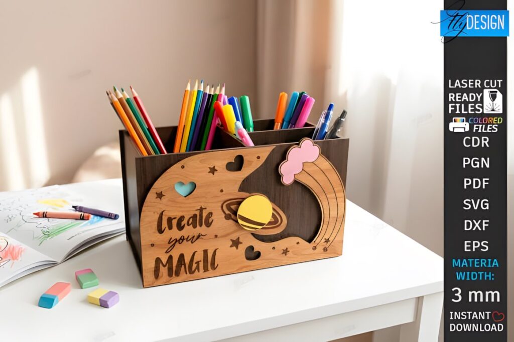 17 Laser Cut Desk Organizer Templates for DIY Laser Projects 16 laser cut desk organizer templates with colorful pencils and decorative space-themed design on wooden holder