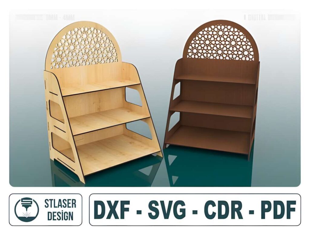 Display Stand Laser Cut Svg Files 3D laser cut files for a display stand with three shelves and decorative top, suitable for 3-4 mm material