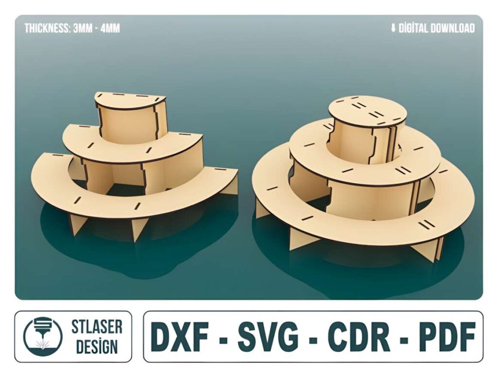 Display Stand Laser Cut Svg Files (2) 3D laser cut files showing compact display stand designs with curved shelves for 3-4 mm material