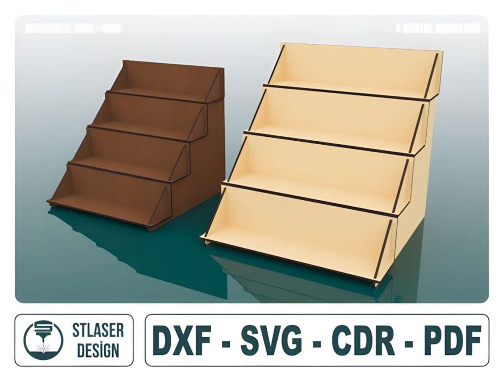 Display Stand Laser Cut Svg Files (4) 3D laser cut files for tiered display stands in brown and beige, designed for 3-4 mm material