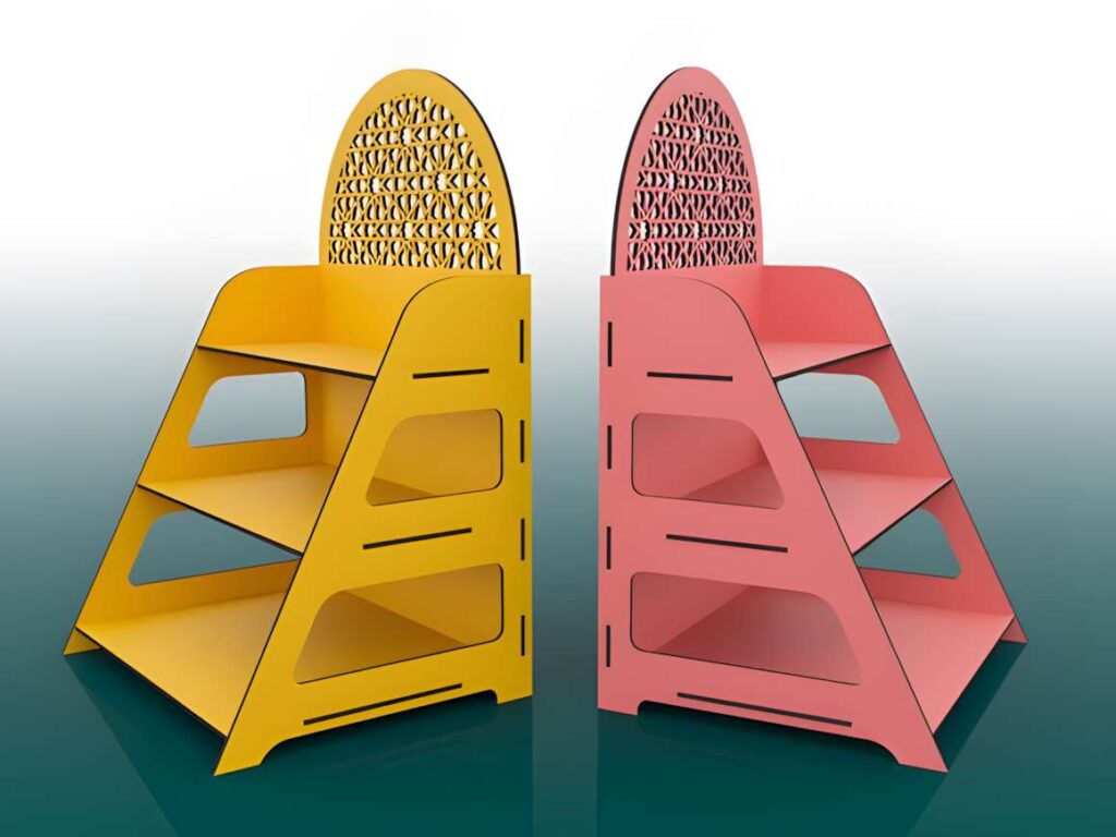 Display Stand Laser Cut Svg Files Poster 2 Yellow and pink display stands made from 3D laser cut files with three shelves and decorative back panels