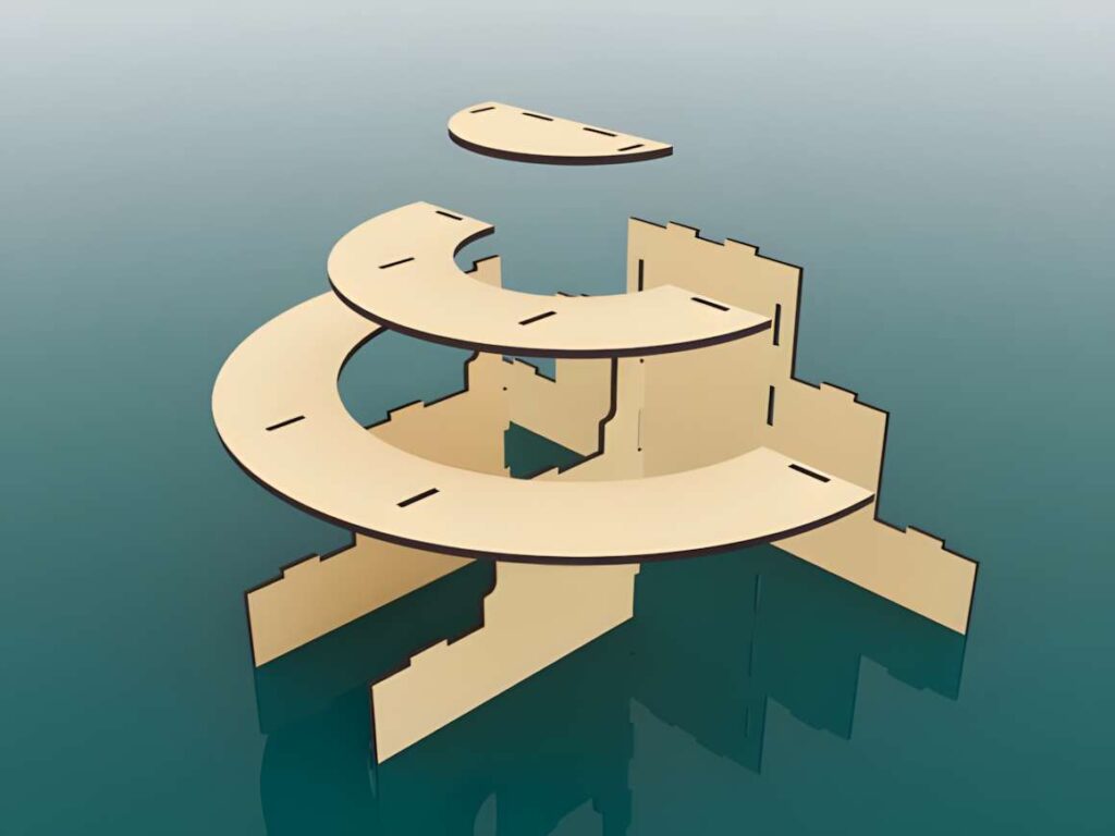 Display Stand Laser Cut Svg Files Poster 3 3D laser cut files showing parts for a compact display stand with circular shelves and interlocking tabs