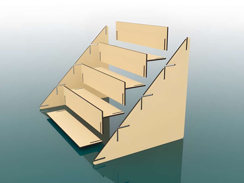 Display Stand Laser Cut Svg Files Poster 3 (3) 3D laser cut files for a tiered display stand with multiple stepped shelves and triangular side supports