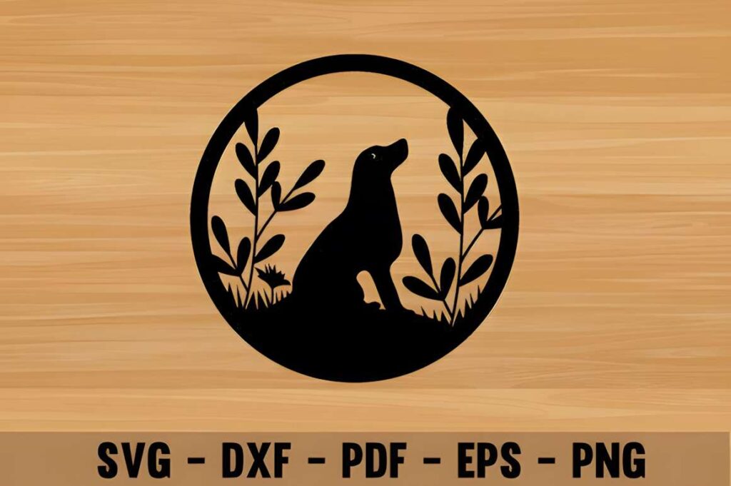 50 Laser Cut Steel Wall Art Ideas for Modern Home Decor 55 Laser cut steel wall art ideas featuring a dog silhouette with surrounding plants in a circular frame