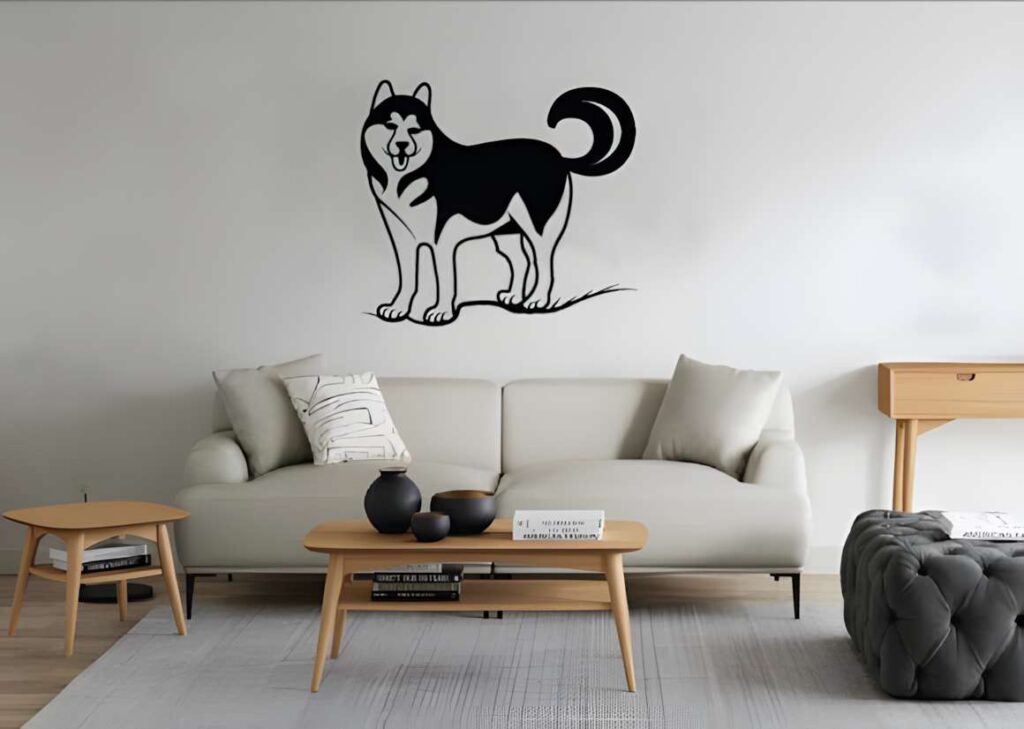 50 Laser Cut Steel Wall Art Ideas for Modern Home Decor 53 laser cut steel wall art ideas showing a black dog silhouette mounted above a modern white sofa in a living room