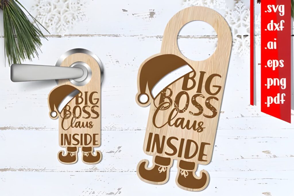 54 Christmas Laser Cut Files for Festive Laser Projects 63 Christmas Laser Cut Files door hanger with Big Boss Claus Inside design hanging on a door handle