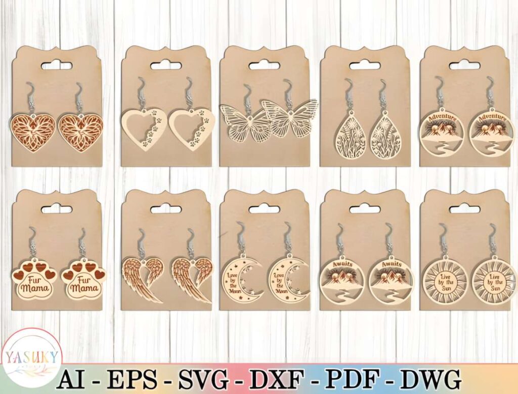 15 Laser Cut Acrylic Earring SVG Files 15 15 laser cut acrylic earring SVG files displayed on brown cards with various designs including hearts, butterflies, moons